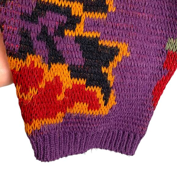 Vintage 80s Y2K Women's Sweater Purple Red Gold Floral Crew Neck - Picture 4 of 7